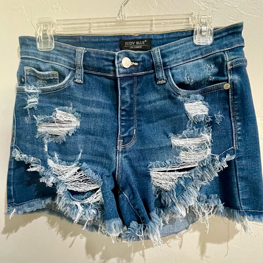 Judy Blue Los Angeles Distressed Ripped Jean Shorts - Dark Blue SZ M